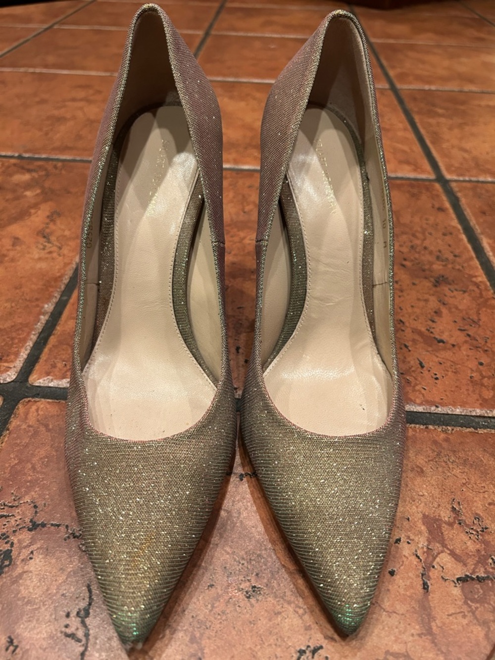 Stuart Wietzman Sparkle Pointed-Toe High Heels in Gold/Iridescent.